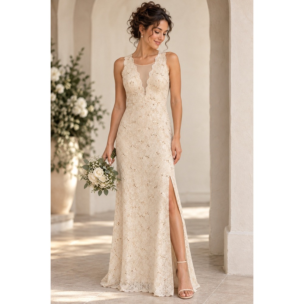 Nightway Womens Cream Lace Sequin V-Neck Formal Maxi Gown Dress Size 4